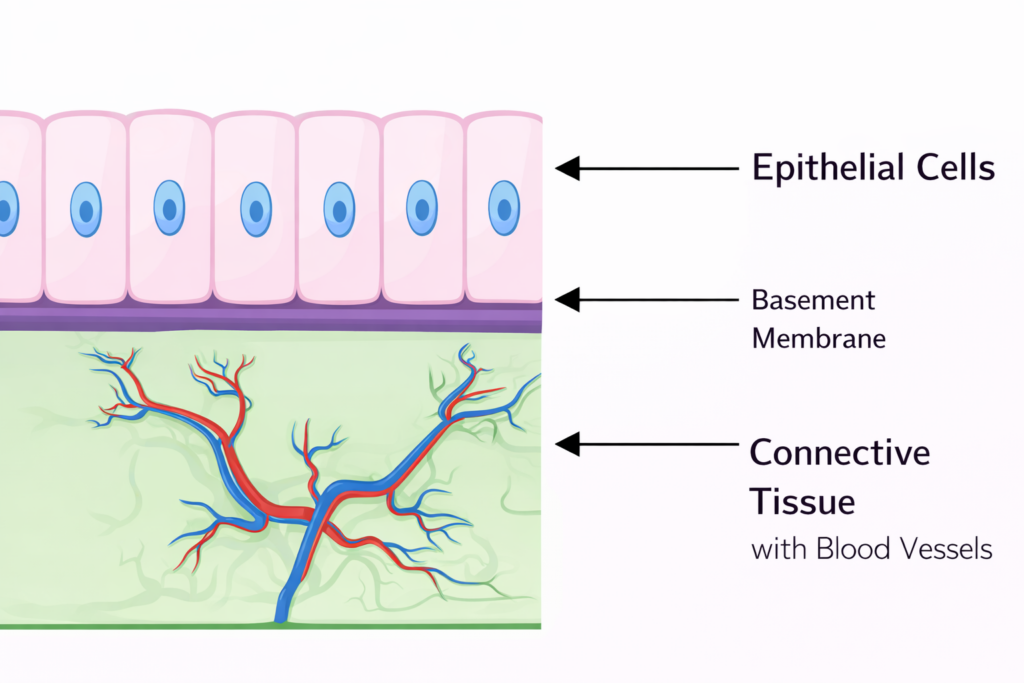Epithelial cells form a cell layer on the basement membrane; beneath them lies connective tissue with blood vessels for its supply.